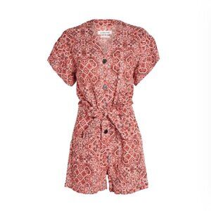 Overlover Donna Paisley Linen Romper Womens Small Red White Short Sleeve Bandana